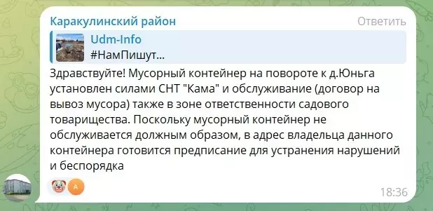 Скригшот ответа администрации Каракулинского района